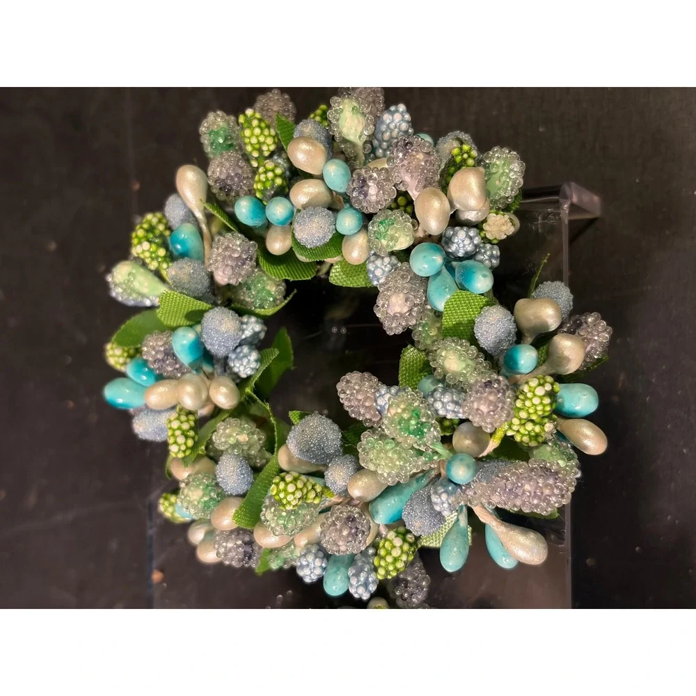 Set of 3 Beaded Berry Napkin Rings Teal Silver Green Botanical Table Decor